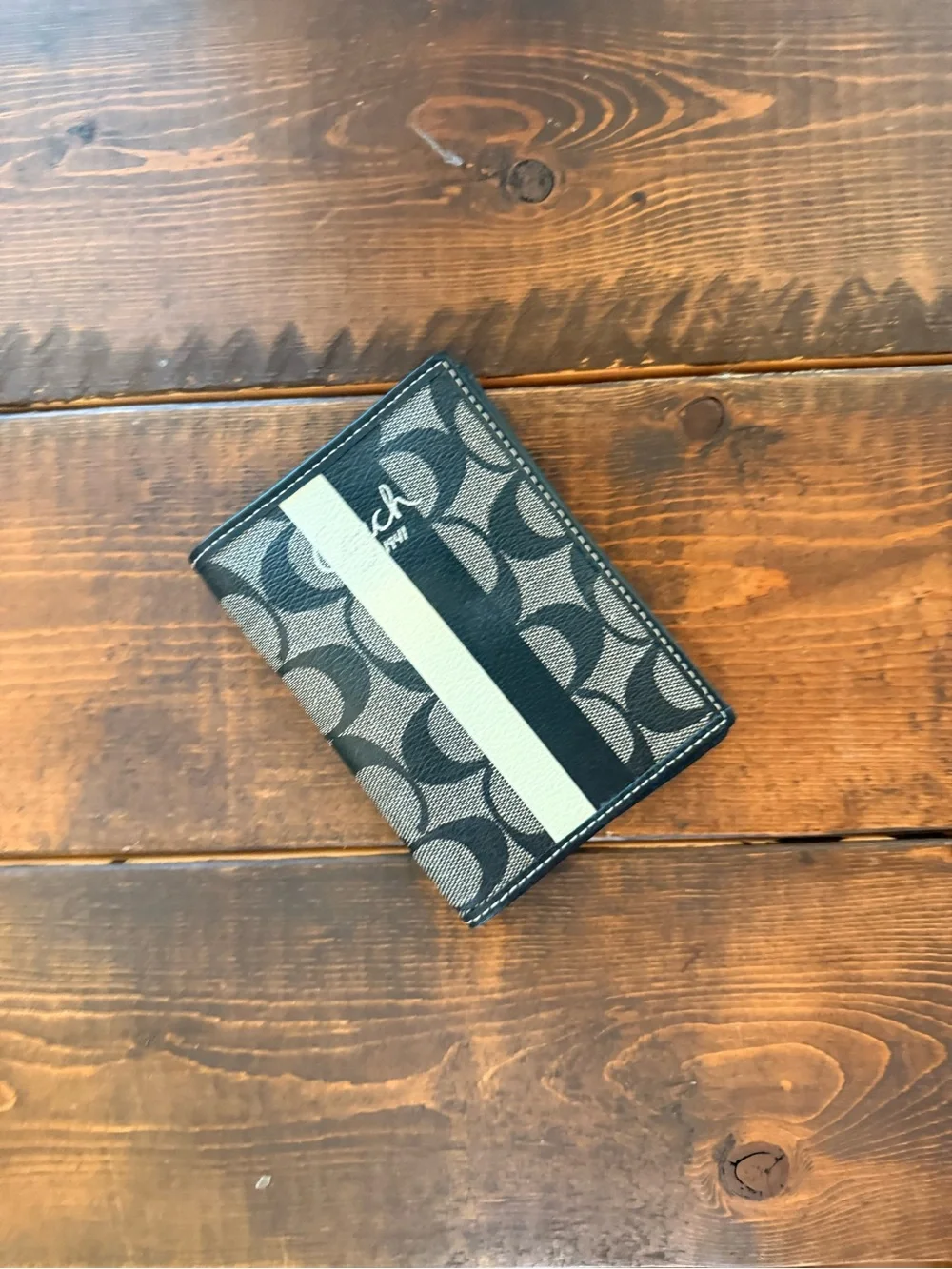 Coach Black and White Signature Stripe passport holder